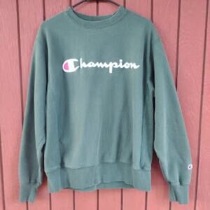 CHAMPION | Mens Reverse Weave Forest Green Spell Out Logo Pullover Sweater M